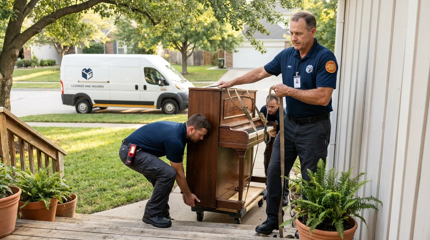 Licensed piano movers securing grand piano in Robert Lee, TX